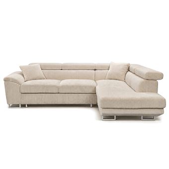 Baoji - Canapé d'angle droit 5 places convertible avec têtières et coffre en velours côtelé - Beige - 1