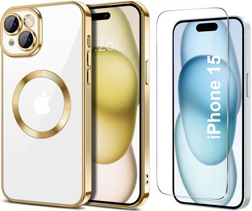 Coque Silicone Pour iPhone 15 Couleur Or Compatible Magsafe + Verre Trempe Protection Ecran Little Boutik®