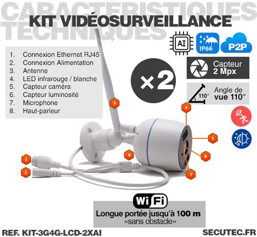 Kit vidéosurveillance 3G 4G avec 8 caméras WiFi HD IR IP66 avec IA et un  écran LCD 10.1 récepteur enregistreur HDD 2To