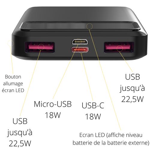 IMOSHION® Batterie Externe 10000mAh Recharge Rapide USB-C micro-USB USB-A  Power Bank Noir - Batterie externe - Achat & prix