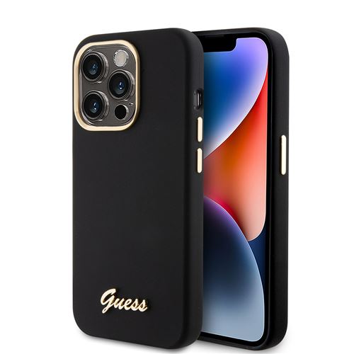Coque pour iPhone 15 Pro - Guess Silicone Script Metal Logo Frame (GUHCP15LSMBSLK) - Noir