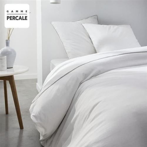Parure de lit Prestige - 220 x 240 cm - 2 personnes - 100% Percale Finition dentelle - Craie