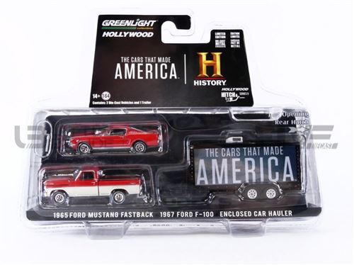 Voiture Miniature de Collection GREENLIGHT COLLECTIBLES 1-64 - FORD F-100 with Mustang Fastback in Enclosed Car Hauler - Red / White - 31120C