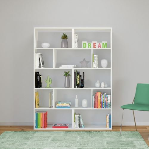 HOMEMANIA Bibliothèque Scale Meuble Murale, Étagère de Rangement - avec Compartiments - pour Séjour, Bureau - Blanc en Bois, 124 x 28 x 161 cm