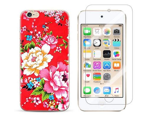 Novago Compatible avec iPod Touch 5, Touch 6 Coque Gel imprimée Solide résistante +1 Verre en Verre trempé Transparent résistant (Fleur / Rouge)