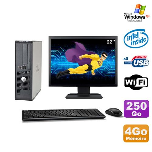PC Dell 380 Sff E5200 2.5Ghz 4Go Disque 250Go Dvd WiFi Win Xp Ecran 22'