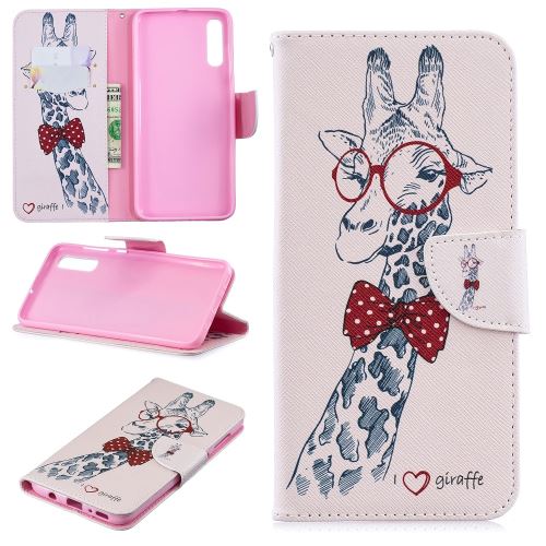 Etui en PU support motif imprimé flip girafe portant des lunettes pour votre Samsung Galaxy A70
