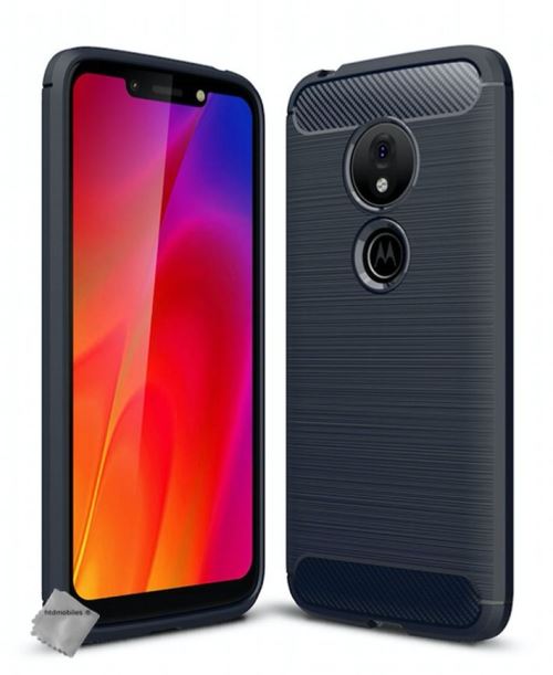 Housse etui coque silicone gel carbone pour Motorola Moto G7 Play avec verre trempe - BLEU FONCE