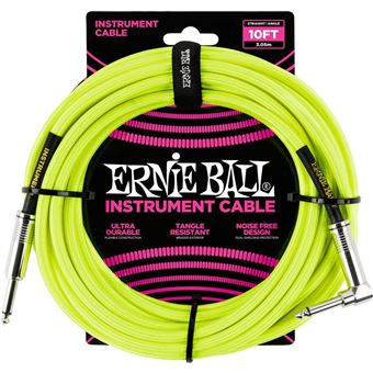 Ernie Ball Cables Instrument Gaine Tisse Jack/jack Coudé 3M Jaune Fluo - 1