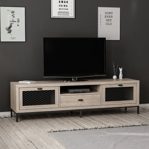 HOMEMANIA Meuble TV Zeus Moderne - avec Portes, Étagères, Tiroir - pour Salon - Noir en Bois, 180 x 35 x 49 cm