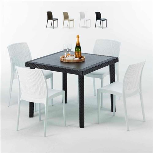 Table Carrée Noire 90x90cm Avec 4 Chaises Colorées Grand Soleil Set Extérieur Bar Café BOHEME PASSION, Couleur: Blanc