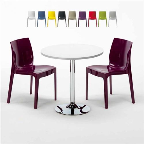 Table Ronde Blanche 70x70cm Avec 2 Chaises Colorées Grand Soleil Set Intérieur Bar Café Ice LONG Island, Couleur: Pourpre