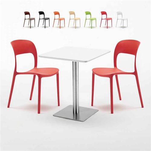 Table carrée 60x60 plateau blanc avec 2 chaises colorées Restaurant Hazelnut, Couleur: Rouge
