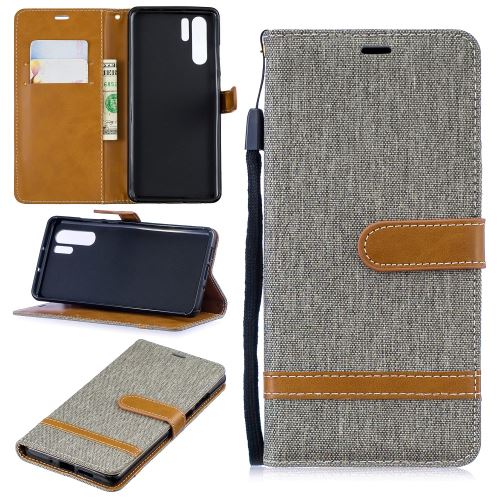 Etui en PU jean bicolore en tissu flip gris pour votre Huawei P30 Pro