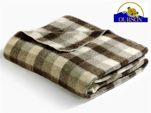 Couverture laine bio ourson 400 gr carreaux marron 220x240
