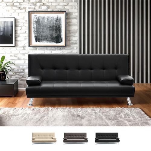 Modus Sofà - Canapé Clic Clac convertible double 2 Places en faux cuir avec accoudoirs Olivina pour la maison et les lieux publics, Couleur: Noir