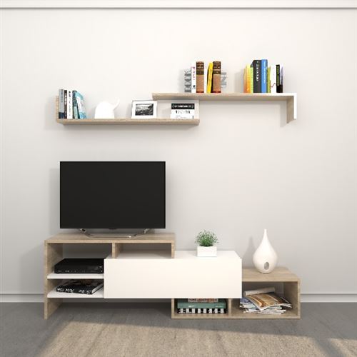 HOMEMANIA Meuble TV Fenice - avec des étagères - du salon - Blanc, Sonoma en Bois, 150 x 27 x 45 cm