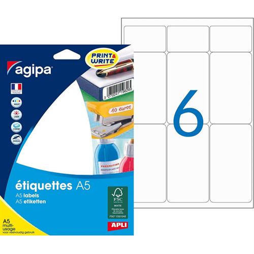 AGIPA Lot de 3 Etuis A5 de 96 &eacute;tiquettes multi-usages 97 x 46 mm blanc