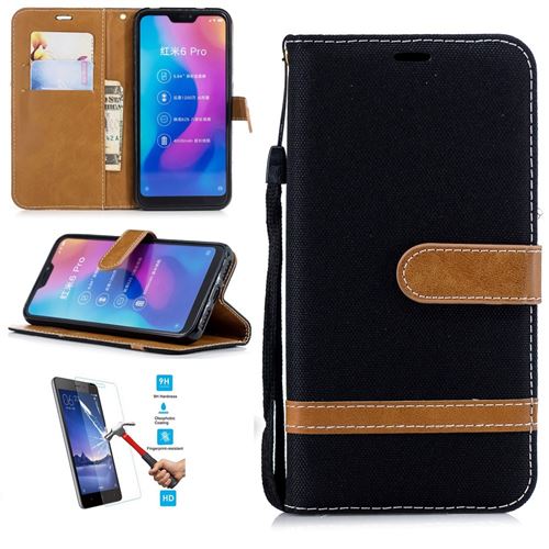Xiaomi Mi A2 Lite / Redmi 6 Pro Portefeuille Noir Avec Film Verre Trempé Coque Housse Etui En Cuir Pu hfs-house®