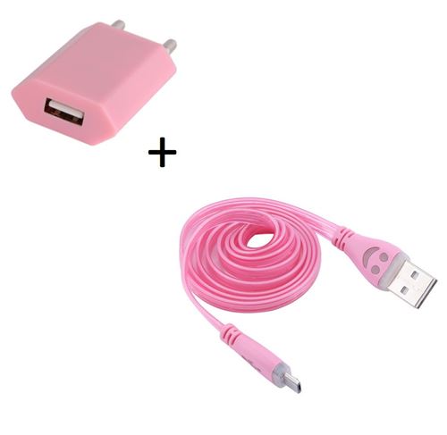 Pack Chargeur Pour Huawei P10 Lite Smartphone Micro Usb (cable Smiley Led + Prise Secteur Usb) Android Connecteur (rose Pale)