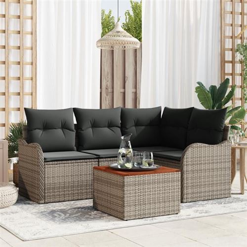 Non Communiqué Gris Ensemble De Canapés De Jardin 5 Pièces Avec Coussins Rattan Poly Acacia, Canapé De Jardin 2 Places Avec Rangement 3356116