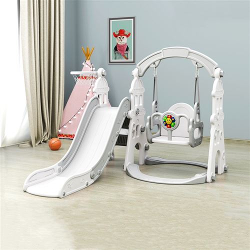 Toboggan pour Enfants Aire de Jeux 4 en 1 avec Toboggan, Balançoire, Panier de Basketball pour Enfants 2-8 Ans Jouer Extérieur/Intérieur, 135 x 180 x 110 cm