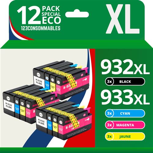 123CONSOMMABLES - 932XL 933XL - Cartouche compatible avec HP 932 933 932XL 933XL pour Officejet 6600 6100 6700 7510 7110 7610 7612 (pack de 12)