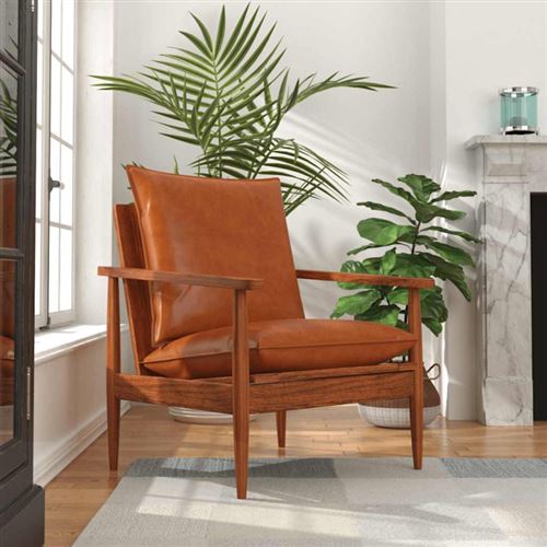 Non Communiqué Brun Fauteuil Marron Cuir Véritable Avec Bois D Acacia