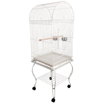 Grande Volière Cage à Oiseaux Design Avec Mangeoire Perchoir Suspendu Plateau Amovible étagère Et Roulettes 54l X 54l X 153h Cm Blanc