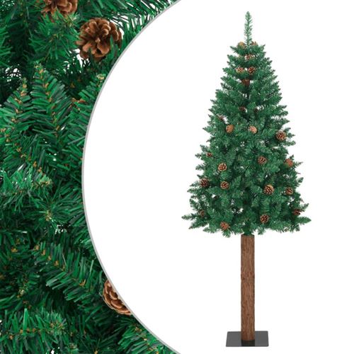 vidaXL Sapin de Noël mince avec bois véritable et cônes Vert 210cm PVC