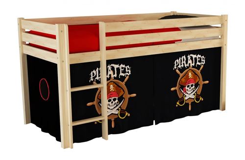 Vipack PINO Lit Compact Pin Massif Naturel 209 x 105 x 114 cm + Rideau de lit Pirate