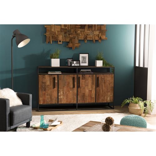 Buffet bois 4 portes 1 étagère Teck recyclé et métal