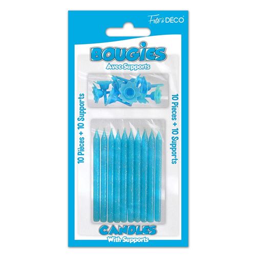10 bougies pailletées bleu + 10 supports