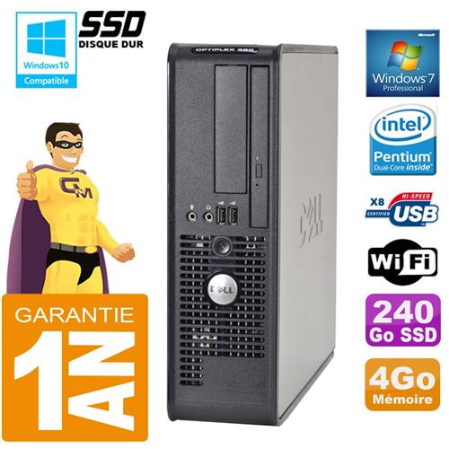 PC Dell 380 Sff Intel E5700 Ram 4Go Disque 240 Go SSD Graveur Dvd WiFi W7