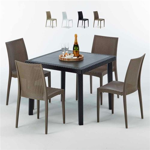 Table Carrée Noire 90x90cm Avec 4 Chaises Colorées Grand Soleil Set Extérieur Bar Café BISTROT PASSION, Couleur: Marron