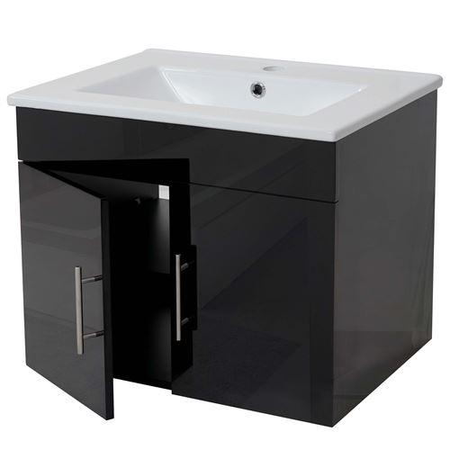 Lavabo + meuble sous évier MENDLER HWC-D16, meuble sous vasque, poli miroir 60cm noir