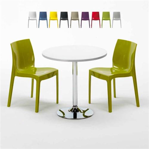 Table Ronde Blanche 70x70cm Avec 2 Chaises Colorées Grand Soleil Set Intérieur Bar Café Ice LONG Island, Couleur: Vert