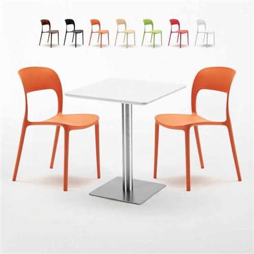 Table carrée 60x60 plateau blanc avec 2 chaises colorées Restaurant Hazelnut, Couleur: Orange