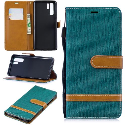 Etui en PU jean bicolore en tissu flip vert pour votre Huawei P30 Pro