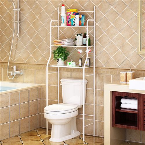 Meuble Dessus Toilettes WC Blanc 3 étagères en acier inoxydable