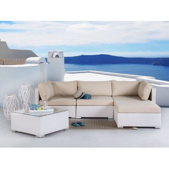 Beliani Salon De Jardin En Rotin Blanc Coussins Caramels