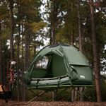 GYMAX Lit de camping pliable 5-en-1 avec matelas et oreillers, sacs de couchage, parasol, tente de camping surélevée avec sac de transport pour randonnée en plein air, pêche, pique-nique (2 personnes