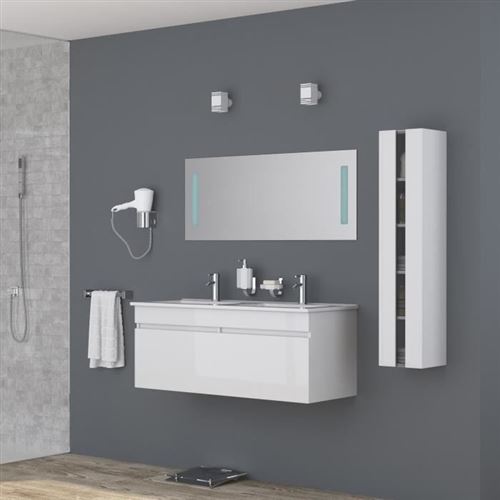 Alban Ensemble Salle De Bain Double Vasque Avec Miroir L 120 Cm - Blanc Laque Brillant