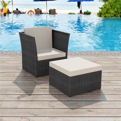 Chaise de jardin avec tabouret Noir R&eacute;sine tress&eacute;e