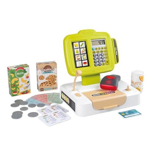 Smoby - Caisse Enregistreuse - 30 Accessoires Inclus - Calculatrice Et Scanner Avec Son Et Lumiere - Fabriqué En France - Dés 3Ans