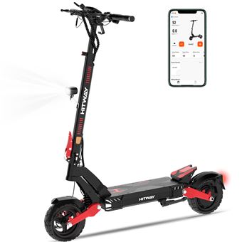 HITWAY Trottinette Électrique H10 - Pneus gonflables 10" - 1600W crête- APP - Batterie 48V 20.8Ah - Scooter Pliable - Noir&Rouge - 1
