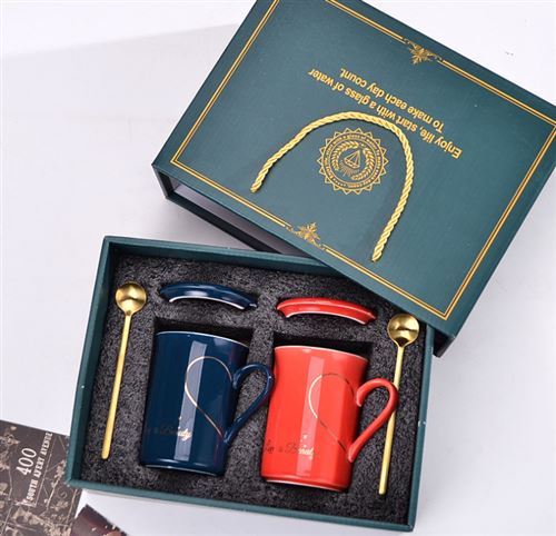 Pack de 2, coffret cadeau mug tasse de café en céramique - rouge et bleu foncé