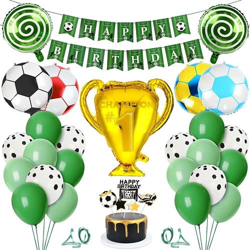 Football Decoration Anniversaire Fête FONGWAN Bannière Joyeux Anniversaire, Latex Ballon, Cake Topper pour Garcon & Fille - Vert