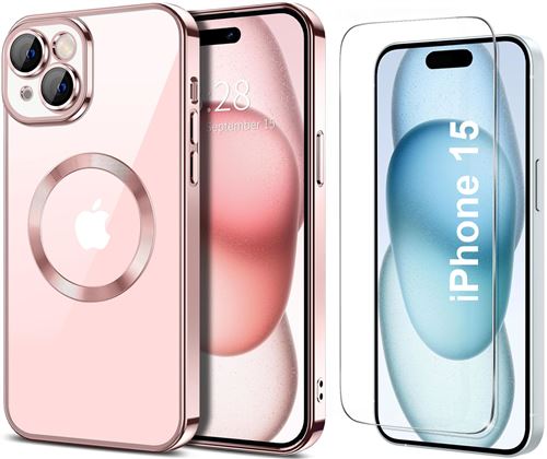 Coque Silicone Pour iPhone 15 Couleur Rose Compatible Magsafe + Verre Trempe Protection Ecran Little Boutik®
