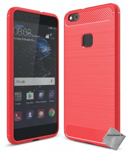 Housse etui coque silicone gel carbone pour Huawei P10 Lite + verre trempe - ROUGE - htdmobiles